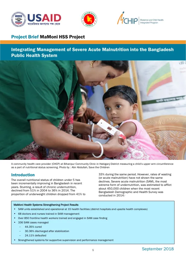 MaMoni Program Brief: Integrating Management of Severe Acute Malnutrition into the Bangladesh Public Health System
