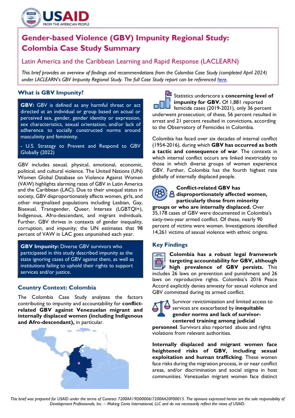 Gender-based Violence (GBV) Impunity Regional Study: Colombia Case Study Summary