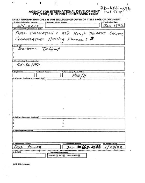 Final evaluation : AID/Kenya private sector cooperative housing finance project, 615-0225