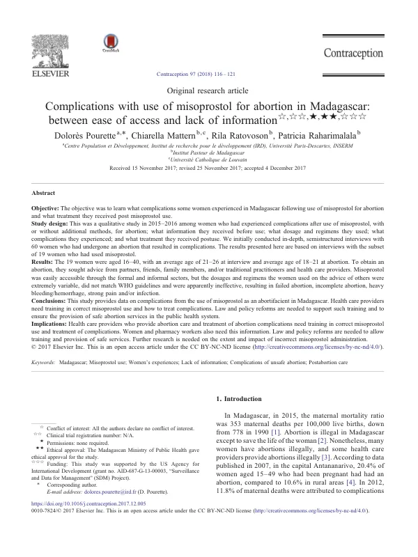 Complications with use of misoprostol for abortion in Madagascar: between ease of access and lack of information