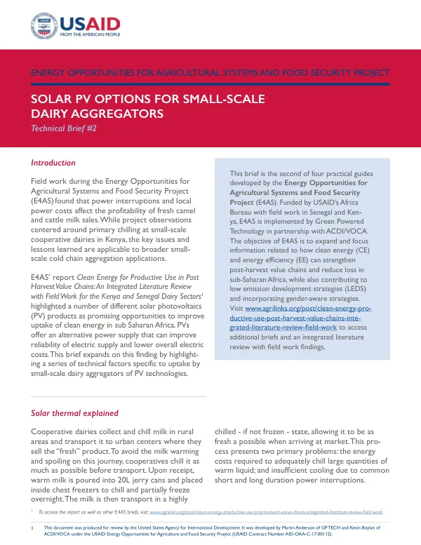 Energy Opportunities for Agricultural Systems and Food Security Project: Solar PV Options for Small-Scale Dairy Aggregators