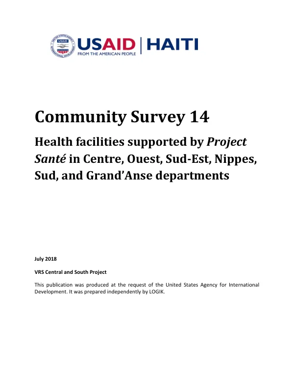 Community Survey 14: Health facilities supported by USAID through Project Santé in Centre, Ouest, Sud-Est, Nippes, Sud, and Grand’Anse departments