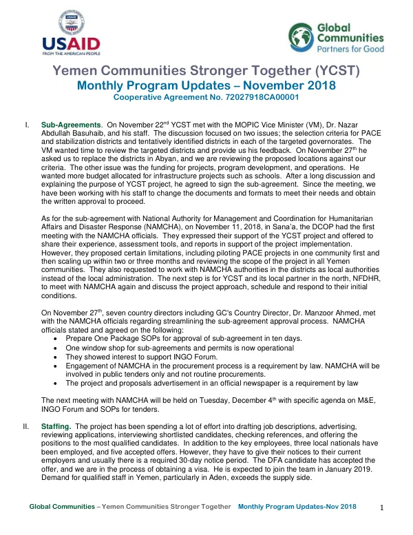 Monthly Program Updates-Nov 2018: Yemen Communities Stronger Together