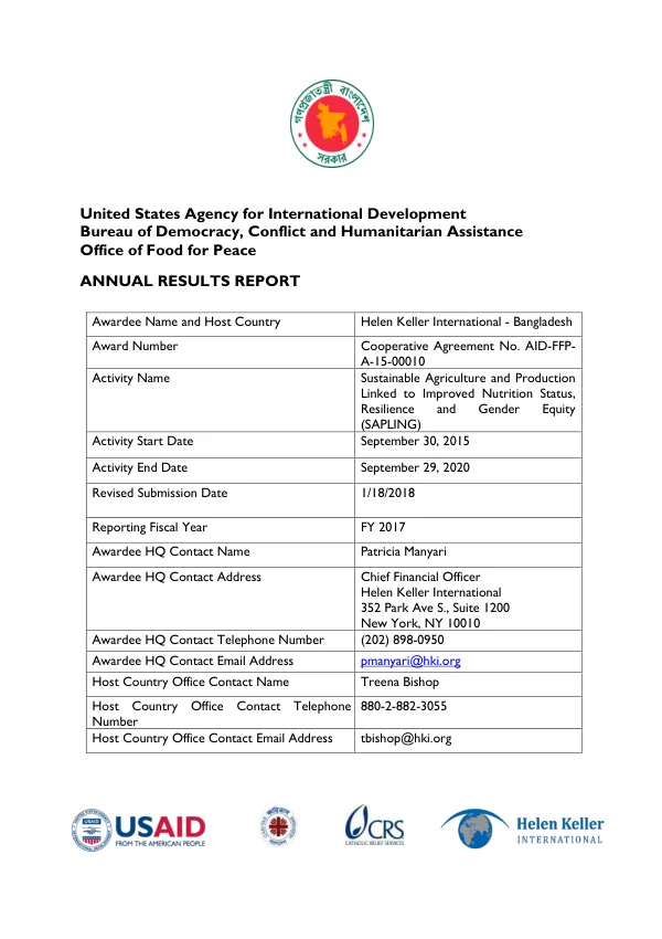 Annual Results Report: Sustainable Agriculture and Production Linked to Improved Nutrition Status, Resilience, and Gender Equity (SAPLING)