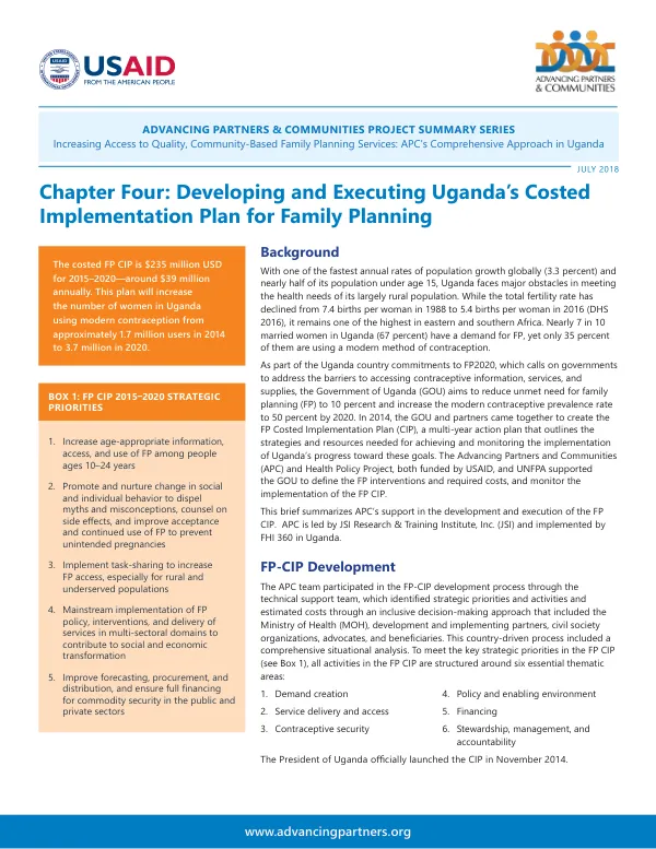 Chapter Four: Developing and Executing Uganda’s Costed Implementation Plan for Family Planning (July 2018)