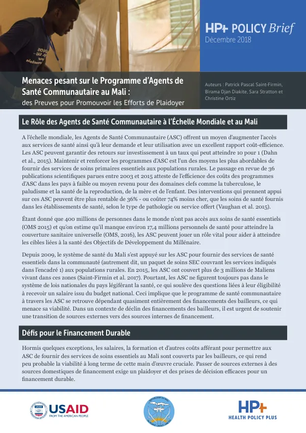 Menaces pesant sur le Programme d’Agents de Santé Communautaire au Mali : des Preuves pour Promouvoir les Efforts de Plaidoyer