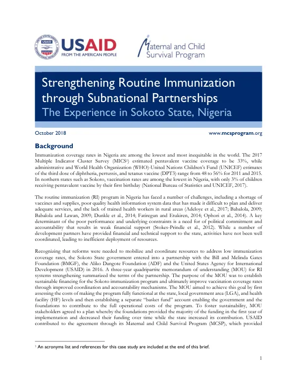 Strengthening Routine Immunization through Subnational Partnerships The Experience in Sokoto State, Nigeria