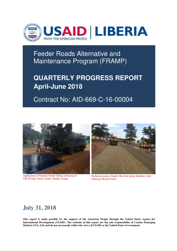 Quarterly Progress Report: Feeder Roads Alternative and Maintenance Program (FRAMP) April-June 2018