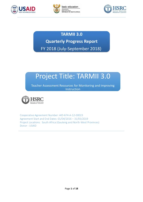 Quarterly Progress Report FY 2018: TARMII 3.0 Teacher Assessment Resources for Monitoring and Improving Instruction