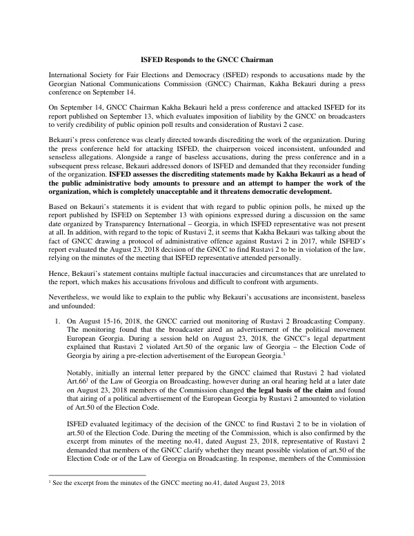 ISFED Responds to the GNCC Chairman