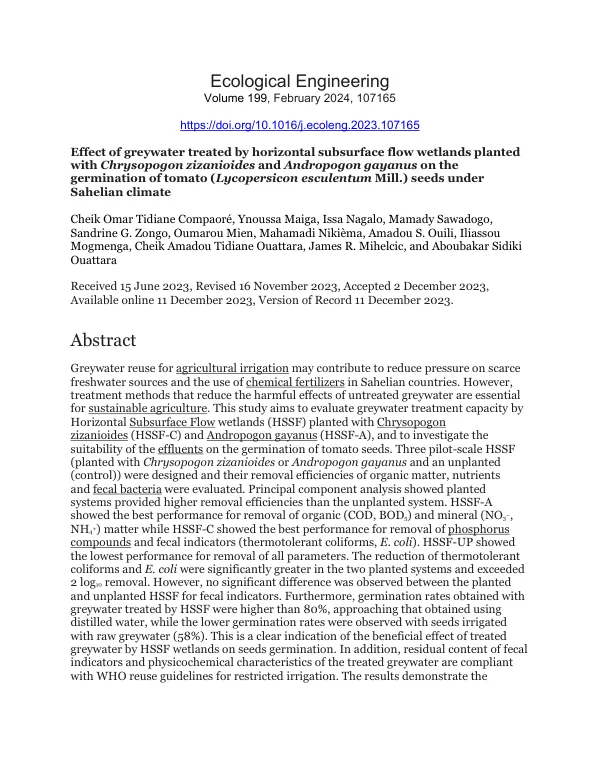 Effect of greywater treated by horizontal subsurface flow wetlands planted with Chrysopogon zizanioides and Andropogon gayanus on the germination of tomato (Lycopersicon esculentum Mill.) seeds under Sahelian climate