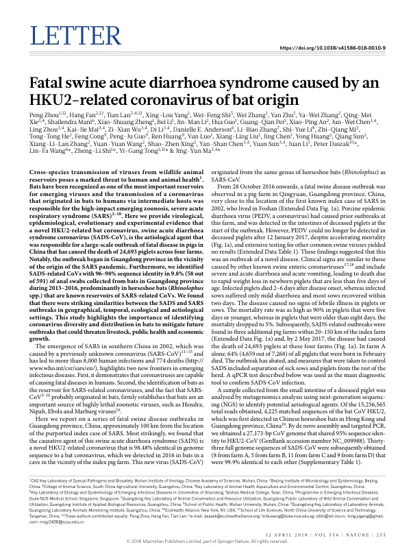 Fatal swine acute diarrhoea syndrome caused by an HKU2-related coronavirus of bat origin
