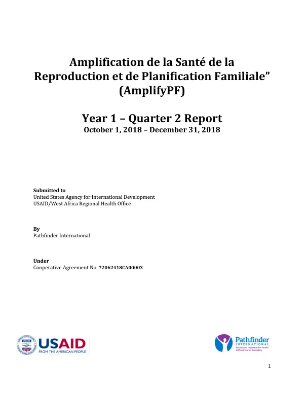 Amplification de la Santé de la Reproduction et de Planification Familiale (AmplifyPF) Year 1 – Quarter 2 Report