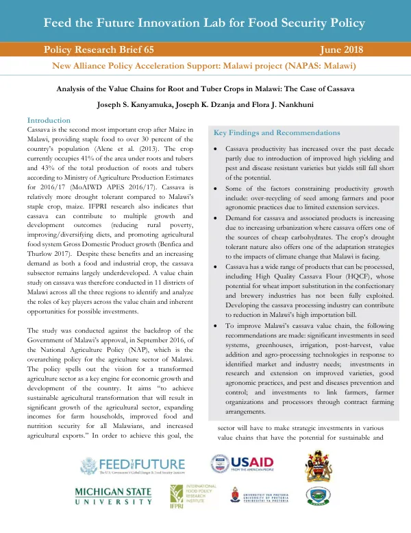 Feed the Future Innovation Lab for Food Security Policy Policy Research Brief 65 Analysis of the Value Chains for Root and Tuber Crops in Malawi: The Case of Cassava
