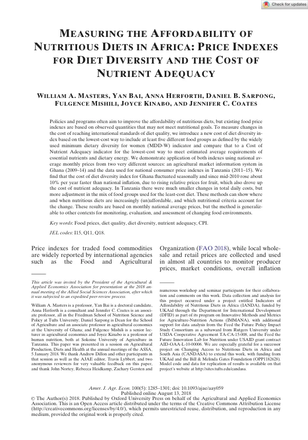 Measuring the Affordability of Nutritious Diets in Africa: Price Indexes for Diet Diversity and the Cost of Nutrient Adequacy