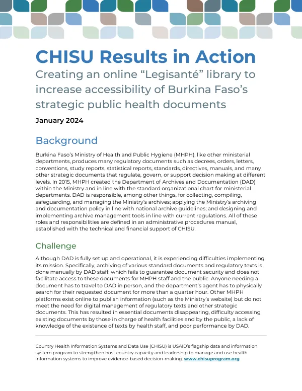 Country Health Information Systems and Data Use (CHISU) Results in Action: Creating an online “Legisanté” library to increase accessibility of Burkina Faso’s strategic public health documents