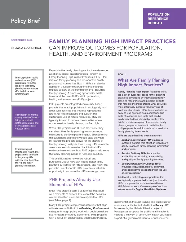 Family Planning High Impact Practices Can Improve Outcomes for Population, Health, and Environment Programs