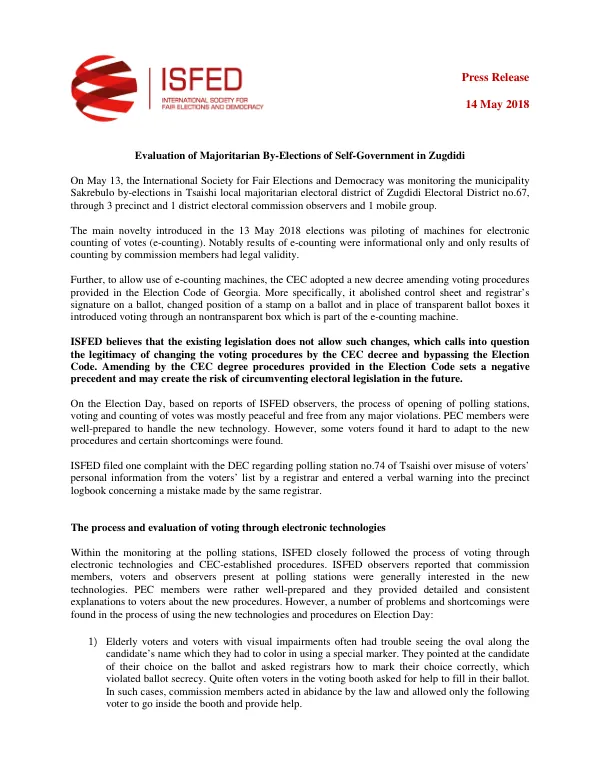 Evaluation of Majoritarian By-Elections of Self-Government in Zugdidi