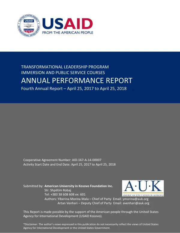 Transformational Leadership Program Immersion and Public Service Courses Annual Performance Report