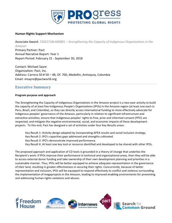 Annual Narrative Report: Year 1 of the Strengthening the Capacity of Indigenous Organizations in the Amazon project