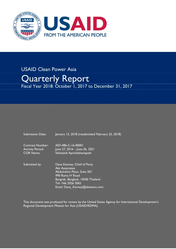 USAID Clean Power Asia Quarterly Report Fiscal Year 2018: October 1, 2017 to December 31, 2017