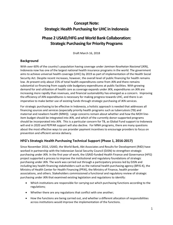 Strategic Health Purchasing for UHC in Indonesia: Phase 2 USAID/HFG and World Bank Collaboration
