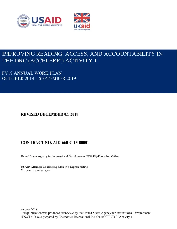 Improving Reading, Equity, and Accountability in the DRC (ACCELERE!) Program – Activity 1 FY19 Annual Work Plan