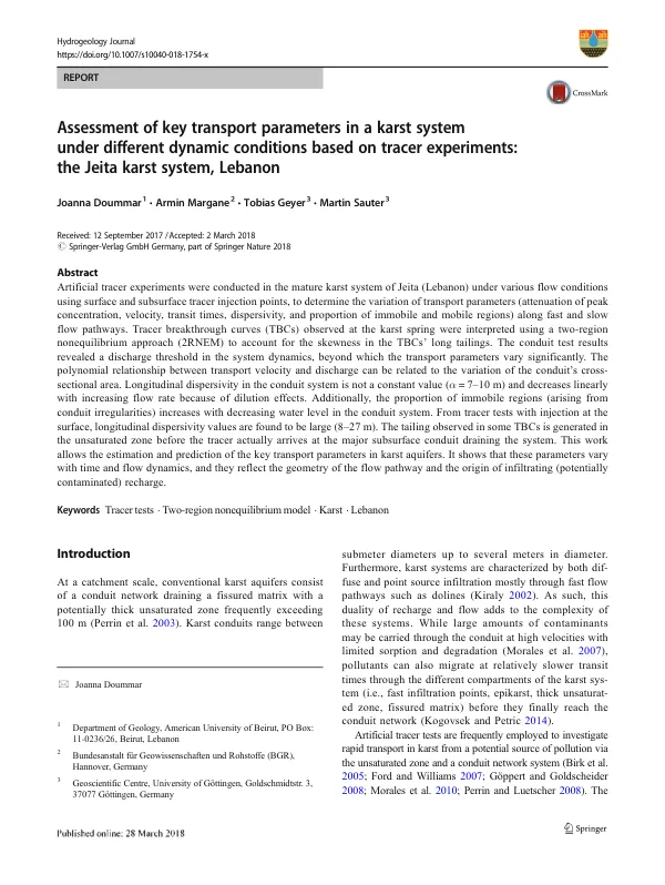 Assessment of key transport parameters in a karst system under different dynamic conditions based on tracer experiments: the Jeita karst system, Lebanon