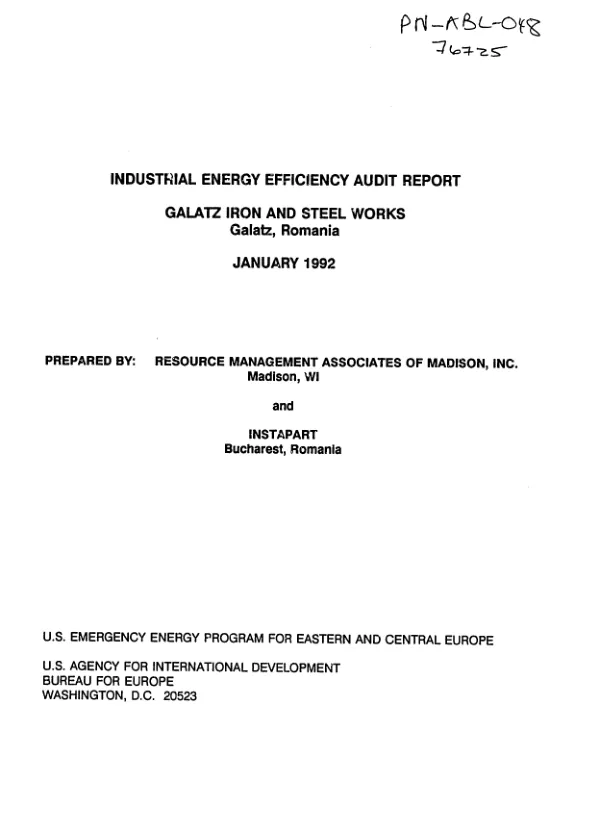 Industrial energy efficiency audit report : Galatz Iron and Steel Works, Galatz, Romania