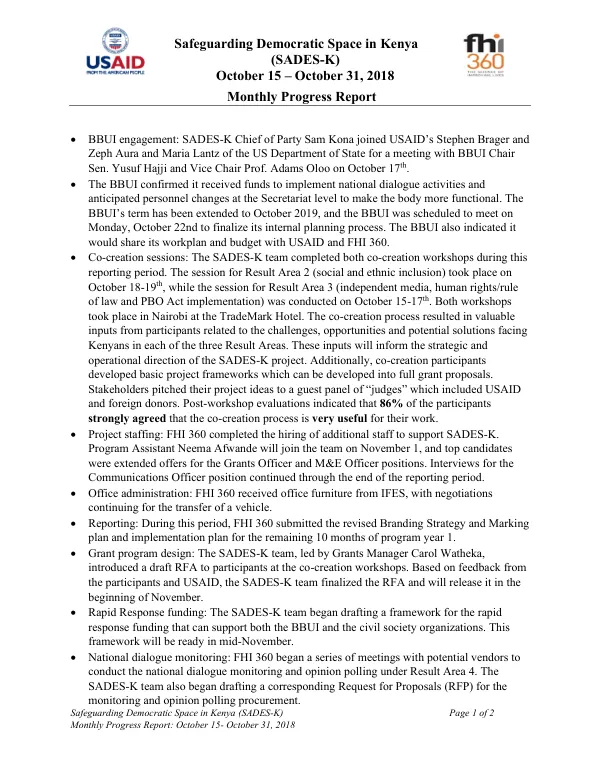 Safeguarding Democratic Space in Kenya (SADES-K) Monthly Progress Report: October 15- October 31, 2018