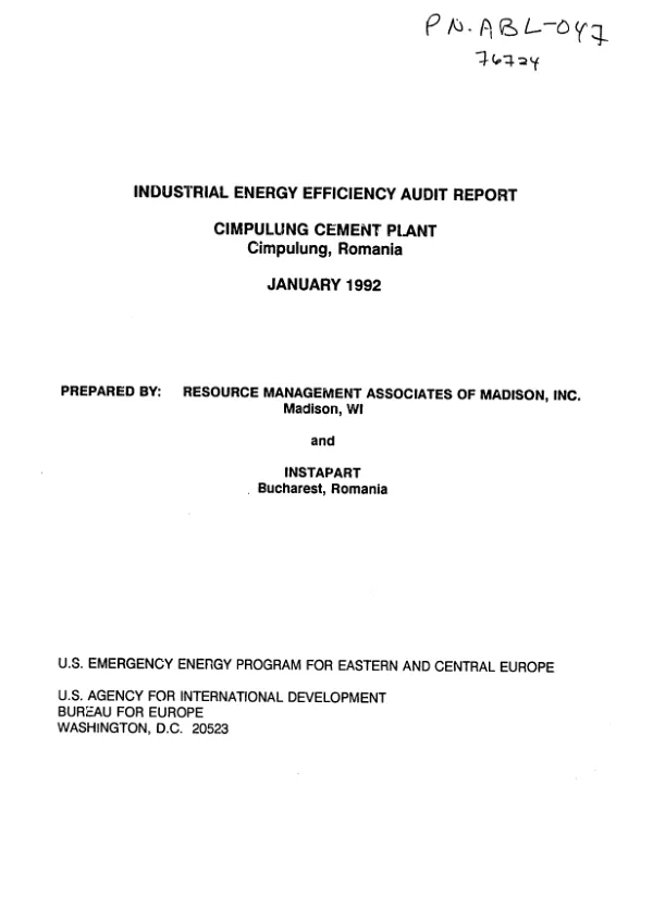 Industrial energy efficiency audit report : Cimpulung Cement Plant, Cimpulung, Romania