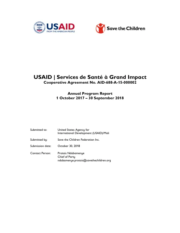 USAID | Services de Santé à Grand Impact Annual Program Report 1 October 2017 – 30 September 2018