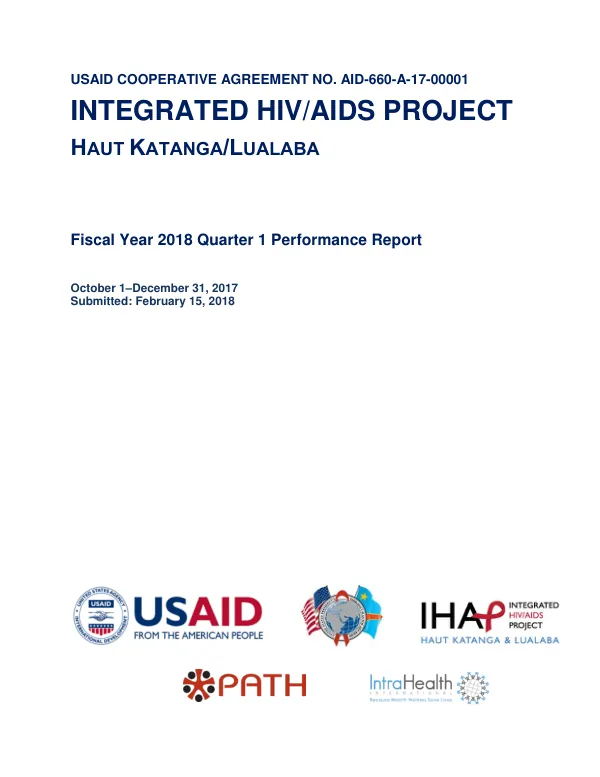 Fiscal Year 2018 Quarter 1 Performance Report: Integrated HIV/AIDS Project in Haut Katanga and Lualaba