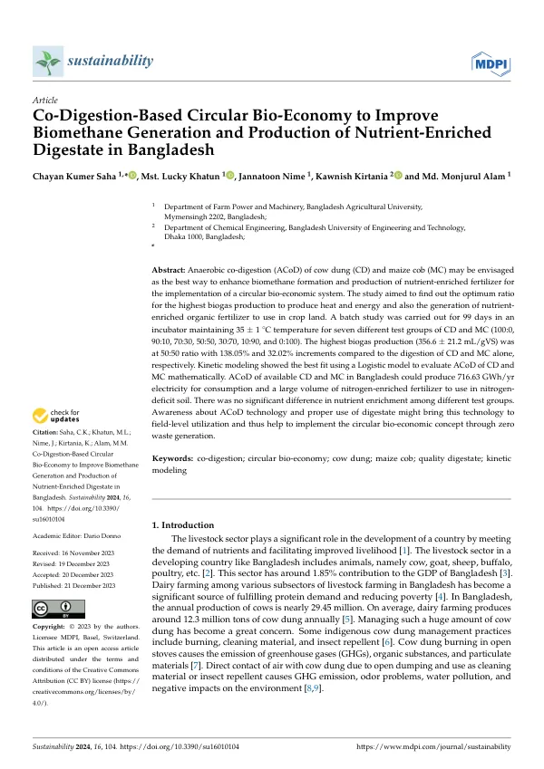 Co-Digestion-Based Circular Bio-Economy to Improve Biomethane Generation and Production of Nutrient-Enriched Digestate in Bangladesh