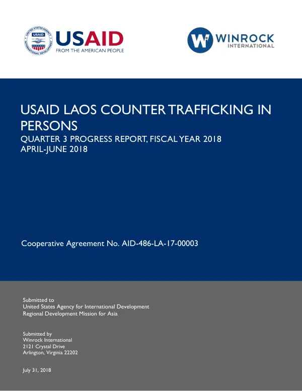 USAID Laos COUNTER TRAFFICKING IN PERSONS QUARTER 3 PROGRESS REPORT, FISCAL YEAR 2018