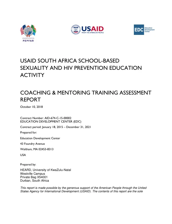 USAID SOUTH AFRICA SCHOOL-BASED SEXUALITY AND HIV PREVENTION EDUCATION ACTIVITY COACHING & MENTORING TRAINING ASSESSMENT REPORT