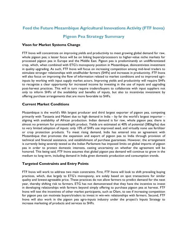 Feed the Future Mozambique Agricultural Innovations Activity (FTF Inova) Pigeon Pea Strategy Summary