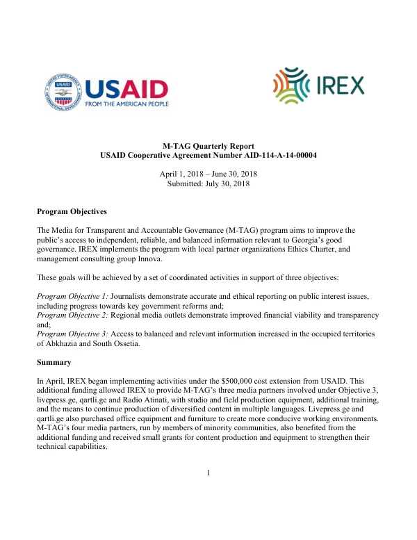 Media for Transparent and Accountable Governance (M-TAG) Quarterly Report