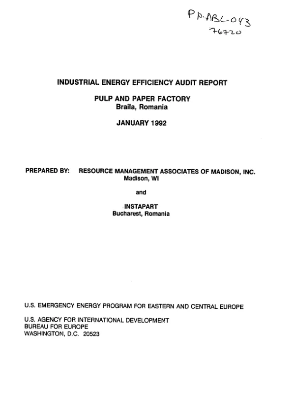 Industrial energy efficiency audit report : Pulp and Paper Factory, Braila, Romania