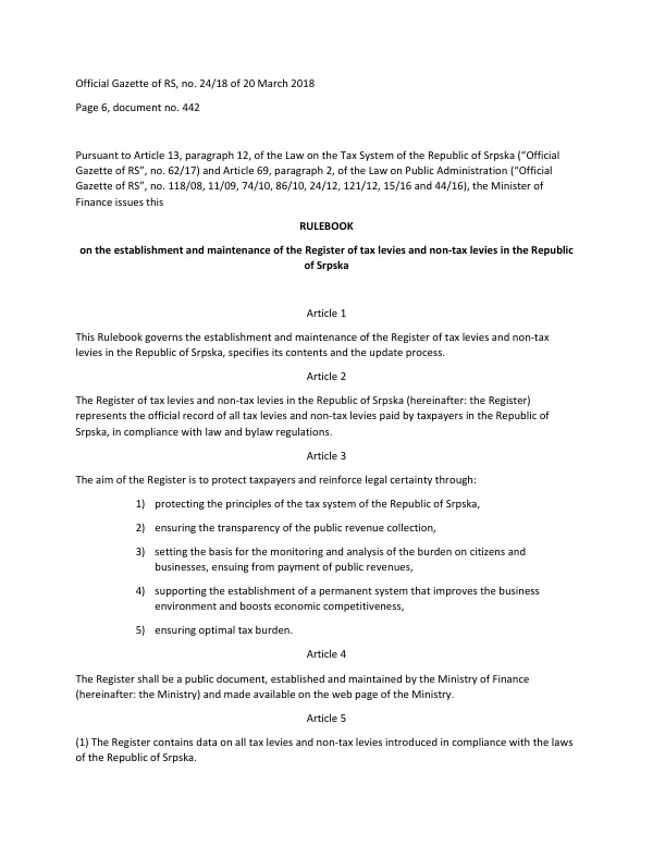 Rulebook on the establishment and maintenance of the Register of tax levies and non-tax levies in the Republic of Srpska