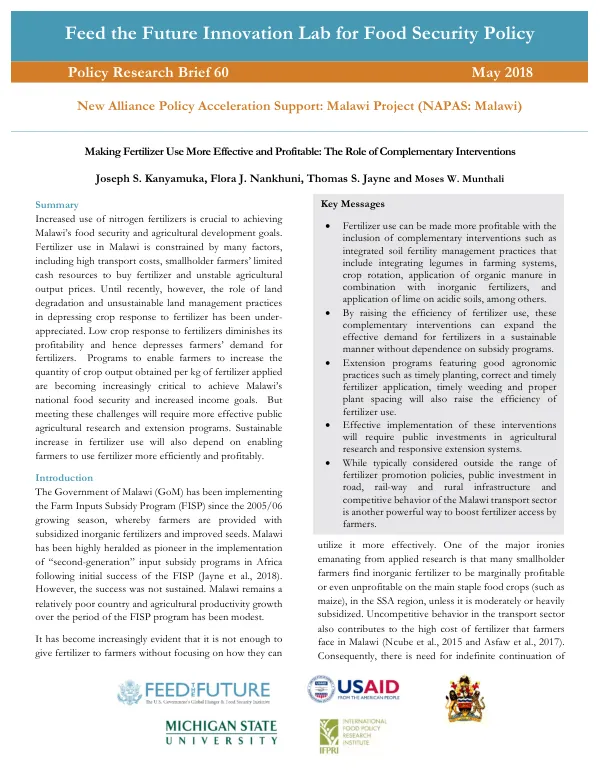 Feed the Future Innovation Lab for Food Security Policy Policy Research Brief 60 Making Fertilizer Use More Effective and Profitable: The Role of Complementary Interventions