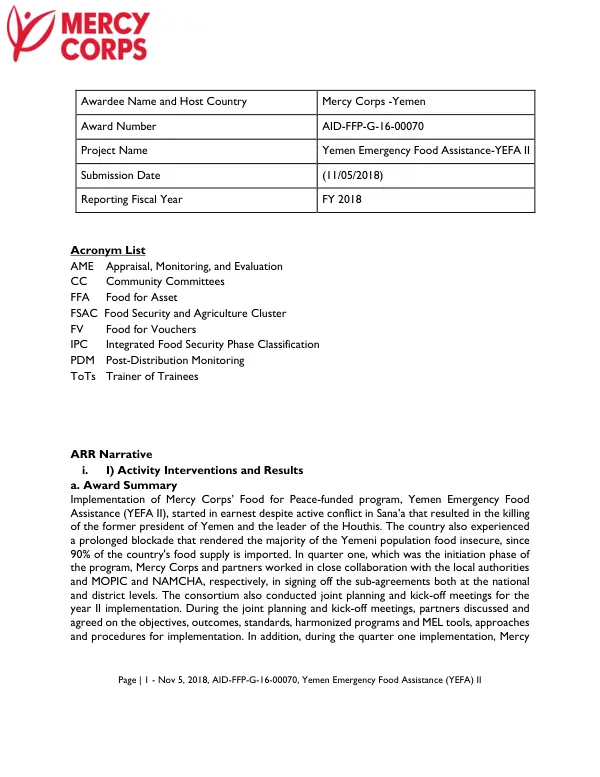 Yemen Emergency Food Assistance (YEFA) II Final Report FY 2018