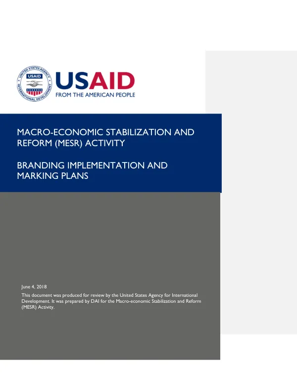 Macro-economic Stabilization and Reform (MESR) Activity Branding Implementation and Marking Plans