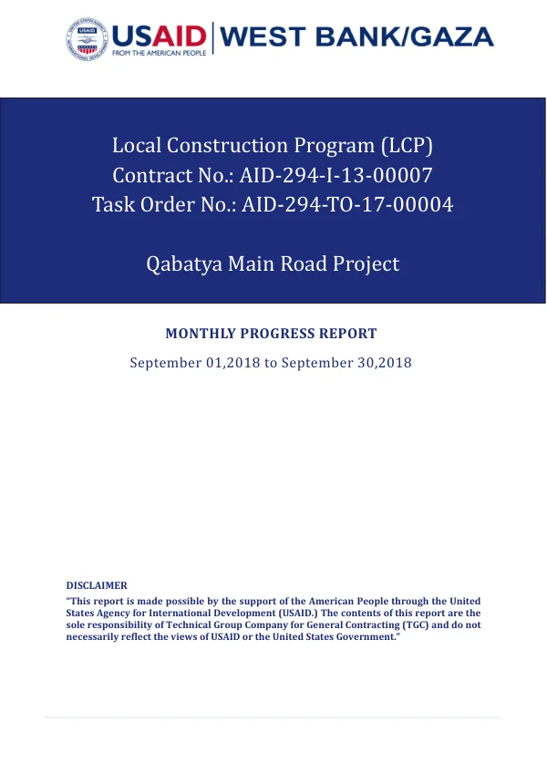Monthly Progress Report-MPR-17-00004- Qabatya Main Road Project –September 2018