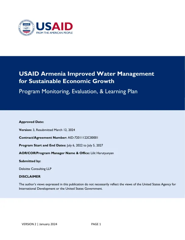 Monitoring, Evaluation, and Learning Plan for Improved Water Management for Sustainable Economic Growth Program in Armenia