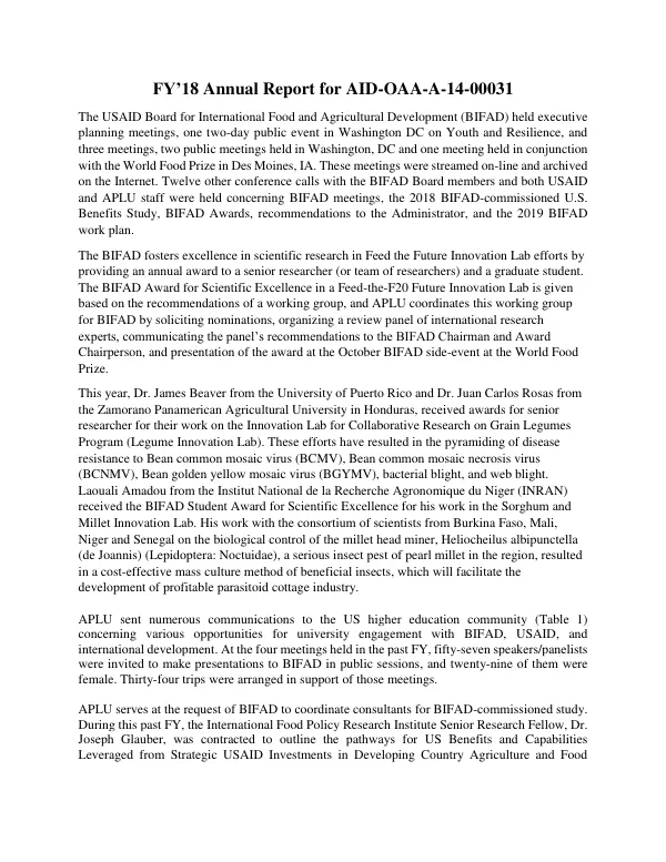 FY’18 Annual Report for AID-OAA-A-14-00031