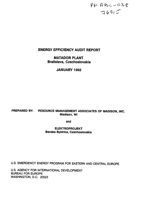 Energy efficiency audit report : Matador Plant, Bratislava, Czechoslovakia