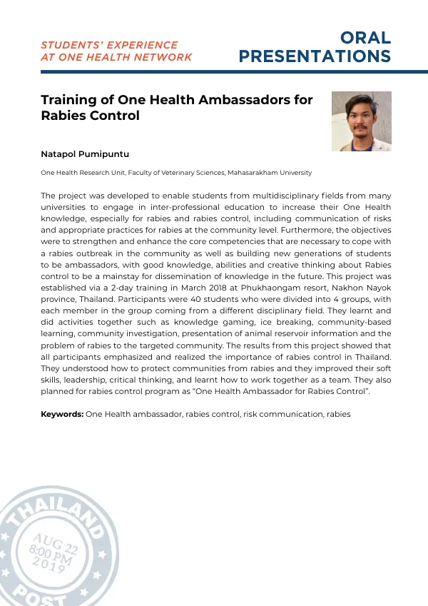 STUDENTS’ EXPERIENCE AT ONE HEALTH NETWORK Training of One Health Ambassadors for Rabies Control