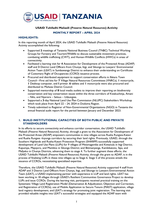 USAID Tuhifadhi Maliasili (Preserve Natural Resources) Activity Monthly Report April 2024