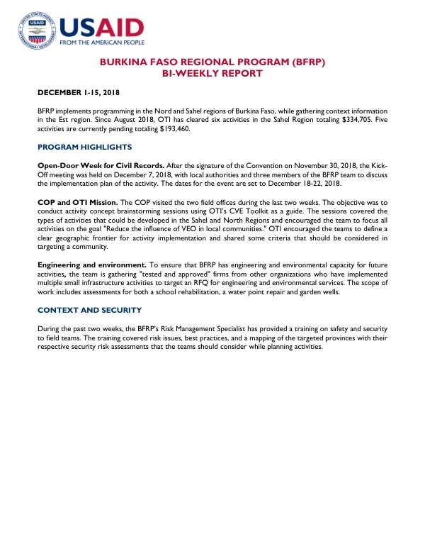 Burkina Faso Regional Program (BFRP) Bi-Weekly Report